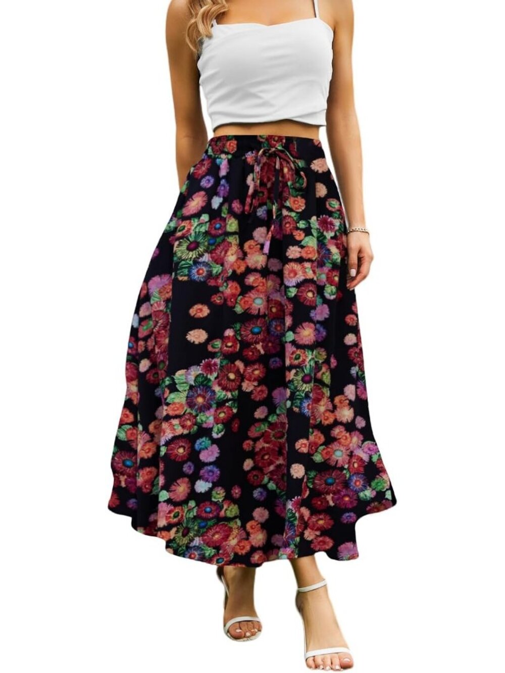Women's Daisy Floral Boho High Waisted Flowy Elastic Waist Pocket Pull On Midi S